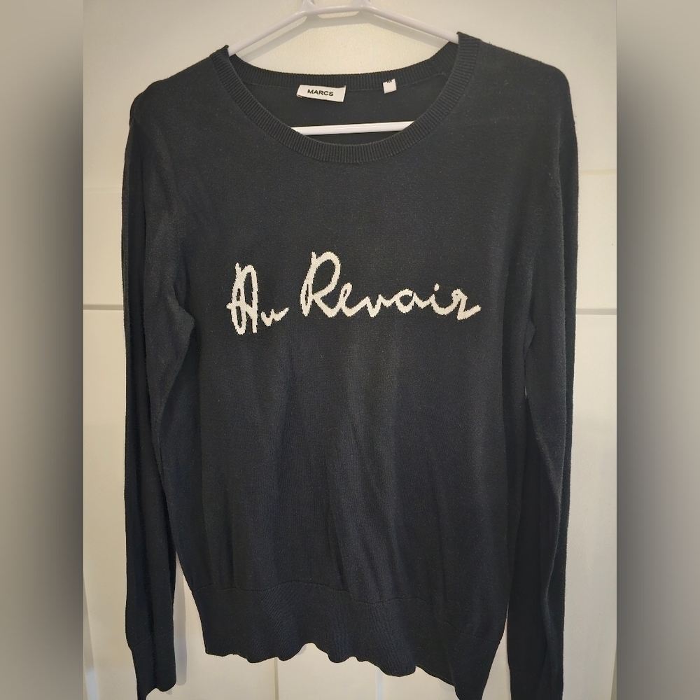 MARCS Black “Au Revoir” Graphic Sweater | Medium | Chic French Phrase Knit